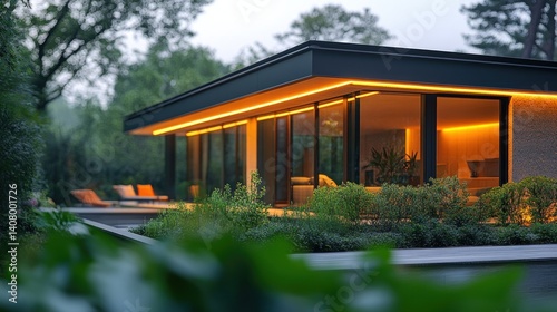 Contemporary home architecture with elegant lighting and beautiful landscaping