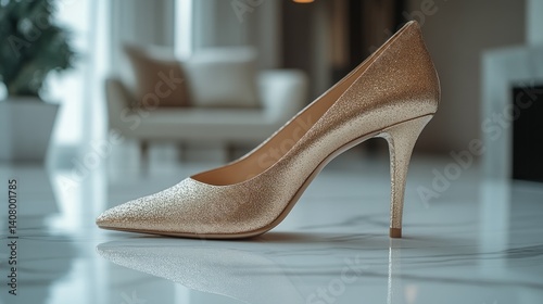 Elegant Golden Glitter High Heel Shoe on Marble Floor Reflecting Light