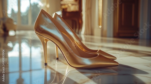 Elegant Golden High Heels on Marble Floor: Luxurious Fashion Statement