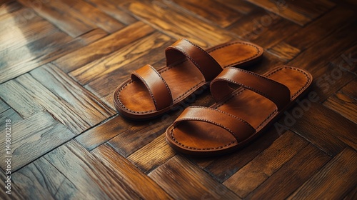 Elegant leather sandals on a patterned wooden floor enhance a cozy atmosphere