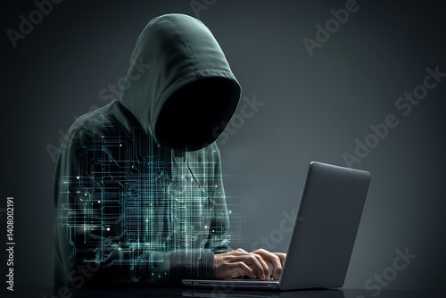 A hacker in a green hoodie working on a laptop with a digital web of AI circuits behind them, set against a solid dark gray background, with soft backlighting and neon highlights.