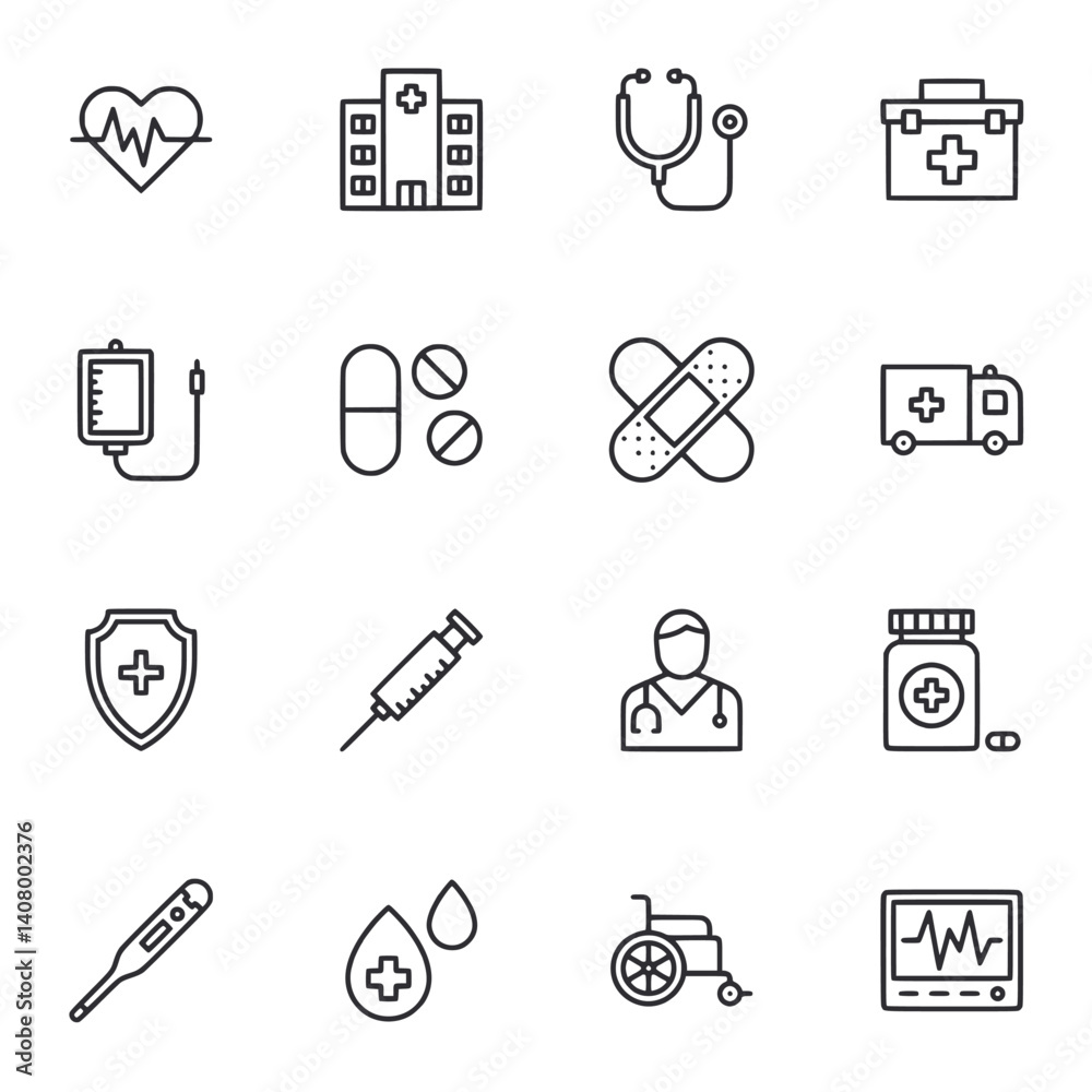 Fototapeta premium A set of medical icons including a stethoscope, syringe, and a hospital building