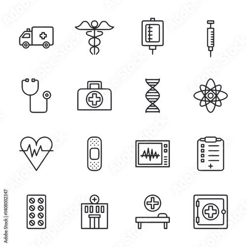 A set of medical icons including a stethoscope, syringe, and a hospital bed