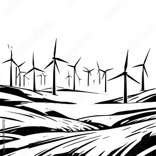 Wind Turbines Against Rolling Hills in Minimalist Style  