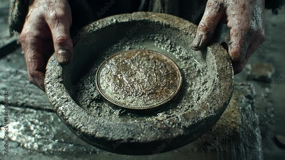 Dirty hands hold ancient coin in bowl Dirty hands hold ancient coin in bowl