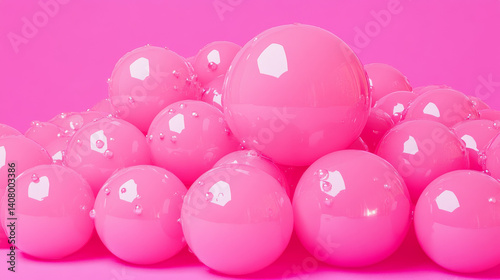 Glossy pink spheres arranged in playful cluster on vibrant pink background, creating fun and abstract visual. soft, rounded shapes evoke sense of whimsy and creativity
