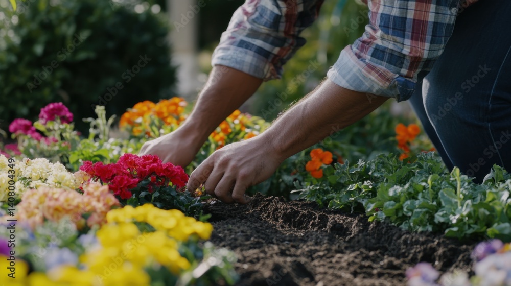 Fototapeta premium Hispanic landscaper installing garden edging around flower beds. Featuring landscaping and garden design