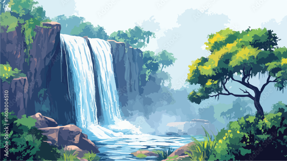 Naklejka premium Serene Waterfall Landscape Painting for Professional Use