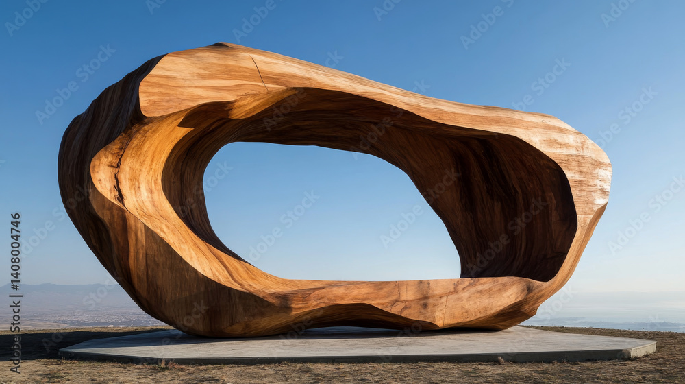 large wooden sculpture with organic design, resembling natural forms, stands against clear blue sky. Its smooth curves and open center create striking visual impact