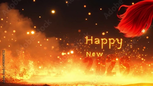 A Vibrant Red Horse Joyfully Celebrating the New Year 2026 in a Fiery and Colorful Background