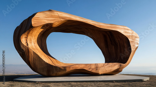 Obraz na płótnie large wooden sculpture with organic design, resembling natural forms, stands against clear blue sky. Its smooth curves and open center create striking visual impact w salonie