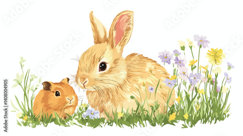 Playful Rabbit Among Vibrant Flowers and Lush Grass - Nature Photography