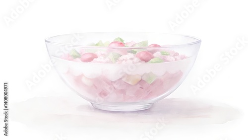 A colorful bowl of dessert featuring jelly, fruit, and cream, presented in a clear glass dish, evoking freshness and sweetness.