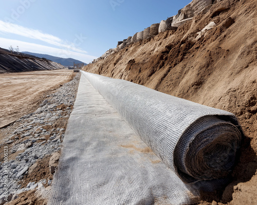 Geotextile fabric protection. Construction engineering. Drainage  installation. Erosion barrier. Erosion control with geotextile on a slope for effective prevention.
