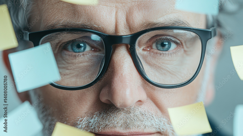 Focused man with glasses surrounded by colorful sticky notes, conveying creativity and organization in modern workspace. His expression reflects determination and clarity