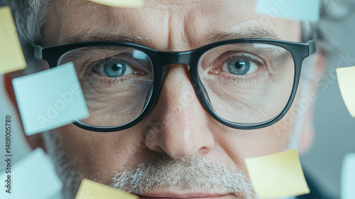 Obraz na płótnie Focused man with glasses surrounded by colorful sticky notes, conveying creativity and organization in modern workspace. His expression reflects determination and clarity w salonie