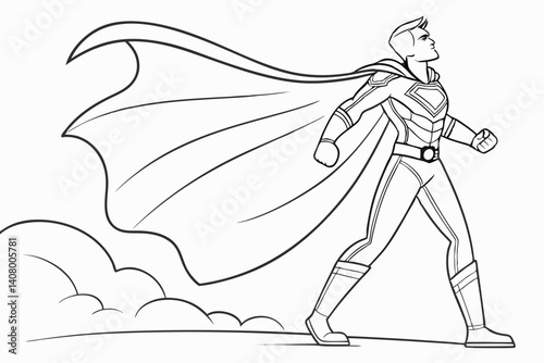 Coloring Pages, a helpful superhero with a flowing cape, colorless, uncolored, black and white