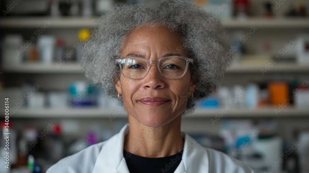 confident woman in lab coat stands in laboratory, showcasing her expertise and dedication to science. Her curly gray hair and glasses add to her professional appearance