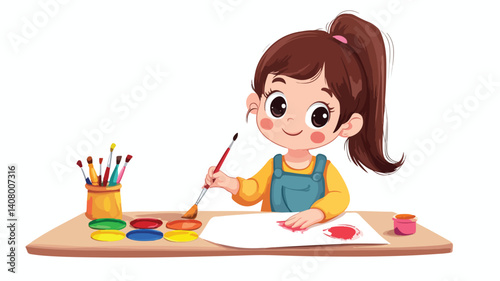 Cute Girl Painting with Joy and Creativity - Artistic Expression and Childhood Fun