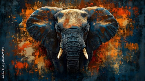 Majestic elephant head with textured skin and ivory tusks in front of an abstract splatter background, blending wildlife and artistic expression