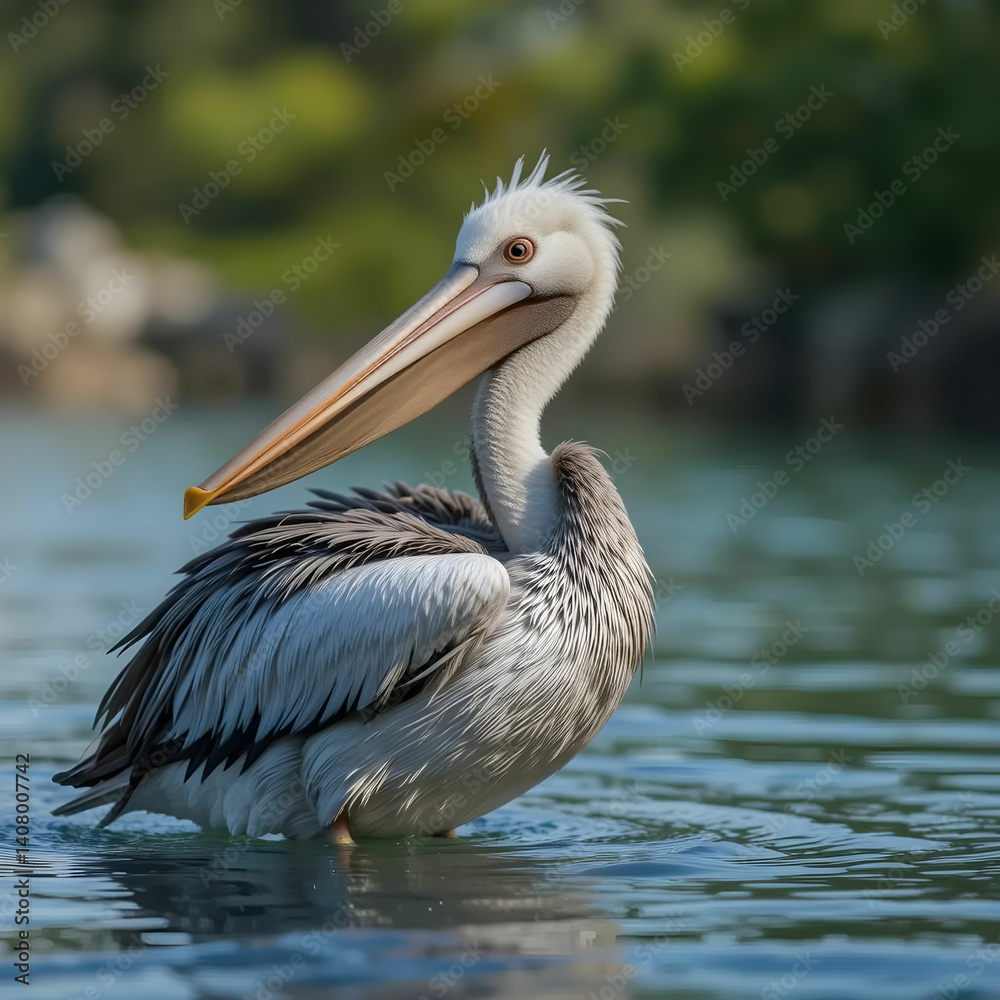 Selective focus shot of a pelican near the water Selective focus shot of a pelican near the water