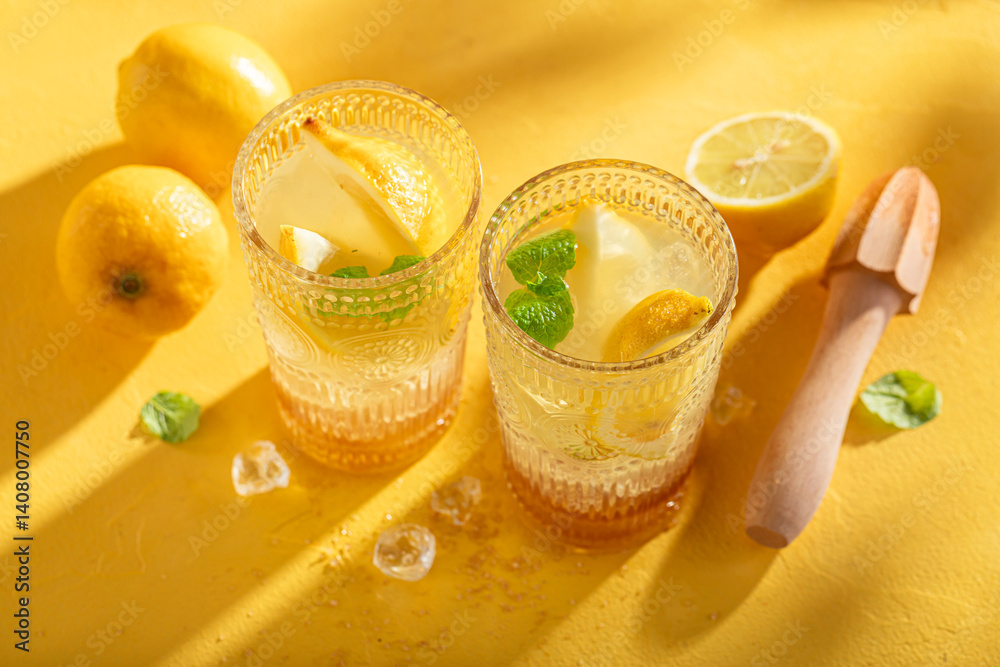 Lemonade as summer refreshing drink on ice.