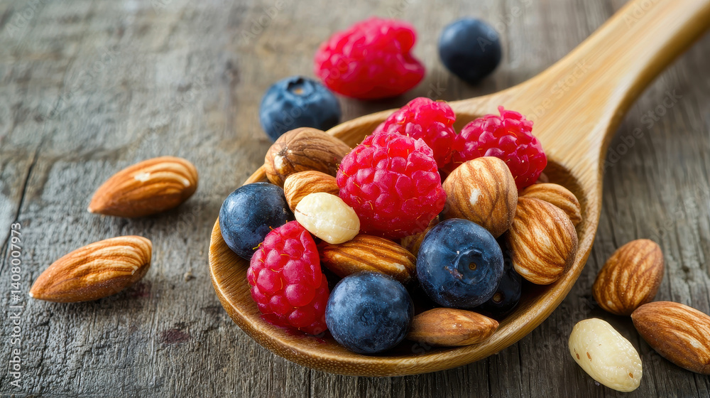 wooden spoon filled with mixed nuts and vibrant berries on rustic table wooden spoon filled with mixed nuts and vibrant berries on rustic table