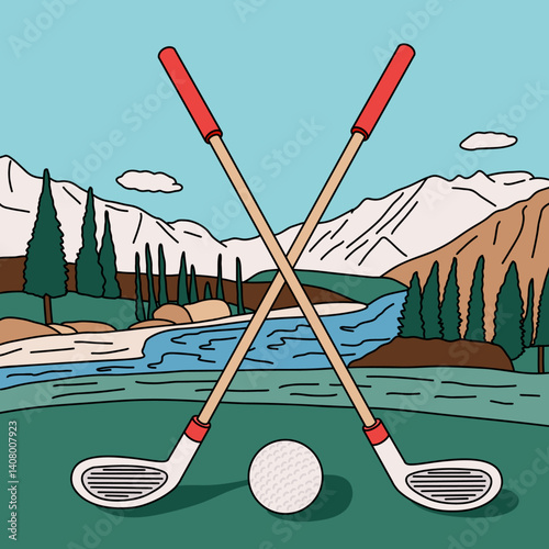 Golf Ball and Crossed Golf Clubs on Grass in a Forest Background