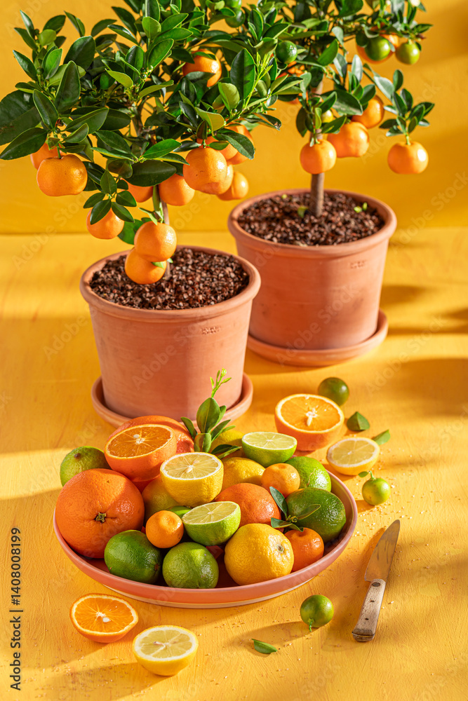 Sweet with oranges, limes and lemons on rustic yellow table