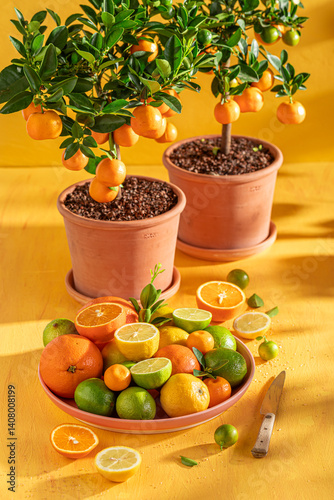 Sweet with oranges, limes and lemons on rustic yellow table
