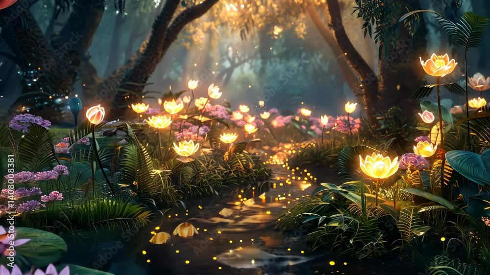 Surreal scenario of a forest with oversized flowers and glowing pathways, blending whimsy and wonder
