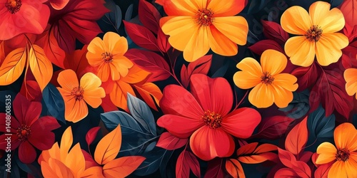 Vibrant Floral Pattern with Red, Yellow, and Orange Flowers and Leaves Against a Dark Background