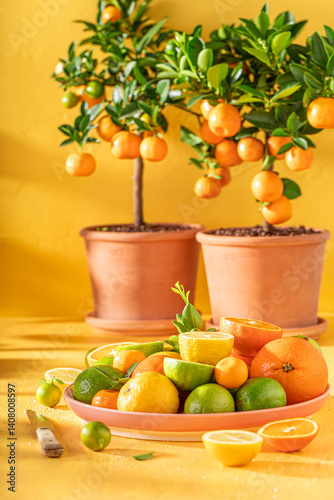 Obraz na płótnie Tasty with oranges, limes and lemons on rustic yellow table w salonie