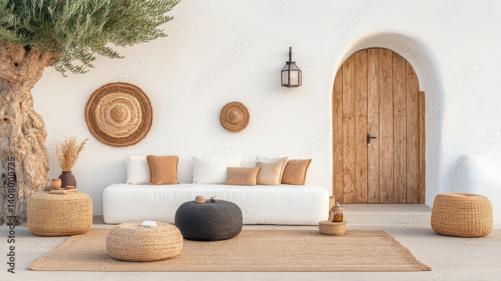 serene outdoor living space featuring white sofa with cushions, woven decor, and natural elements. warm wooden door and olive tree enhance tranquil atmosphere