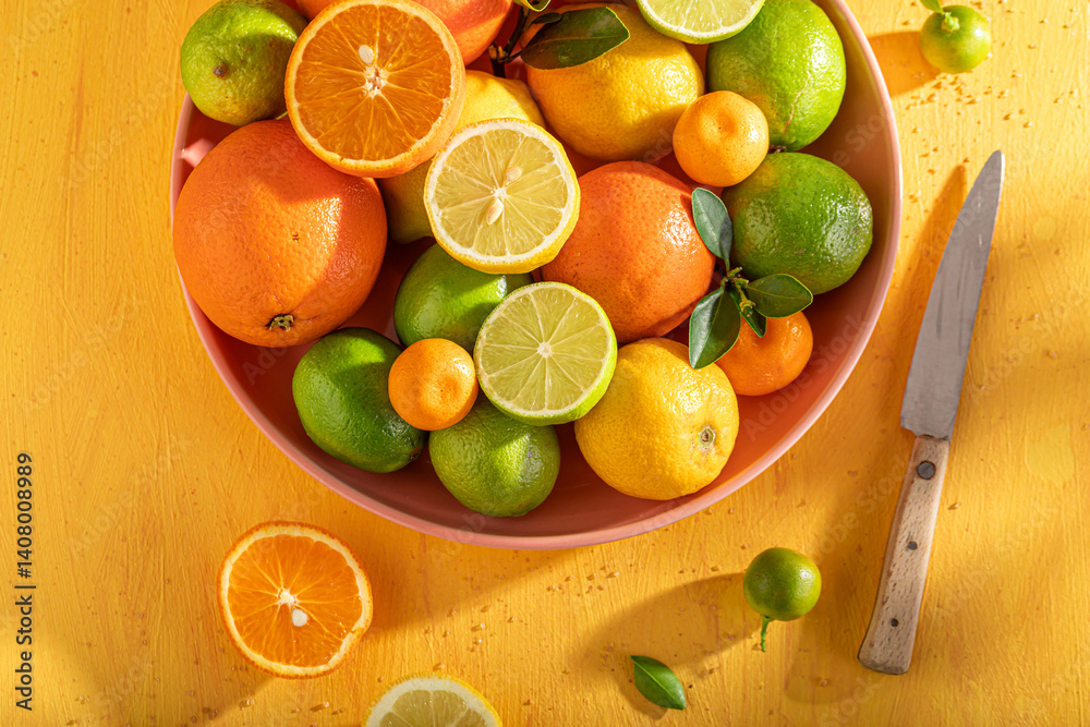 Tasty mix of citrus fruits on rustic yellow table