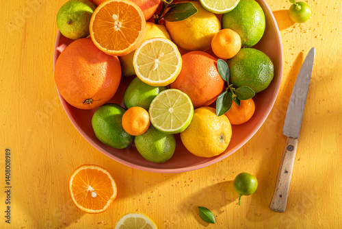 Obraz na płótnie Tasty mix of citrus fruits on rustic yellow table w salonie