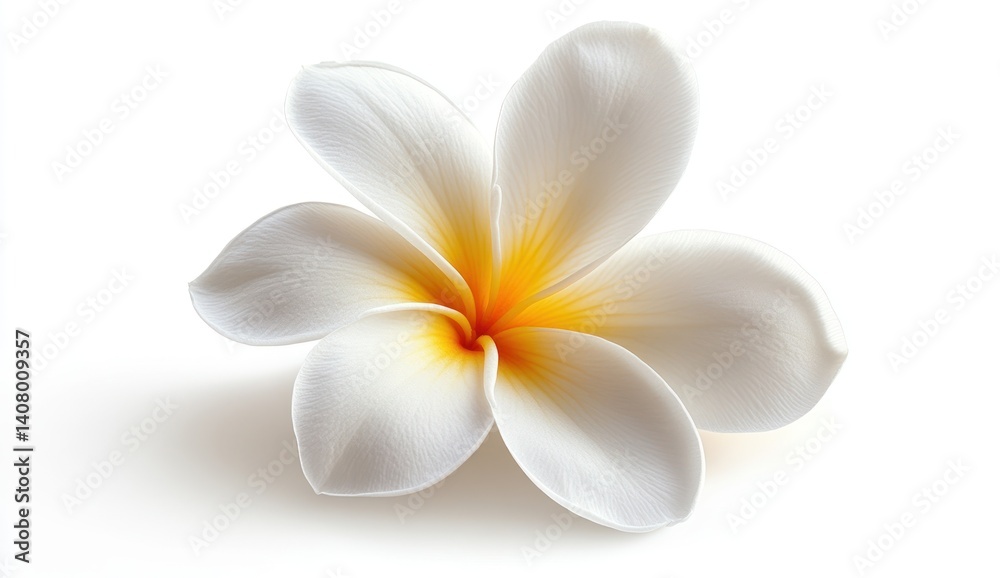 Naklejka premium Elegant white flower with yellow center on a soft white background, perfect for nature and beauty themes