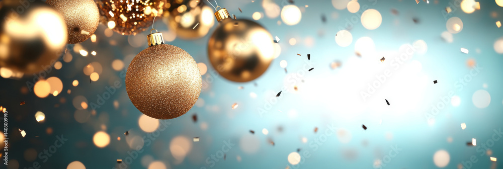 Golden Christmas ornaments hang against soft blue background, surrounded by shimmering bokeh lights and confetti, creating festive and joyful atmosphere