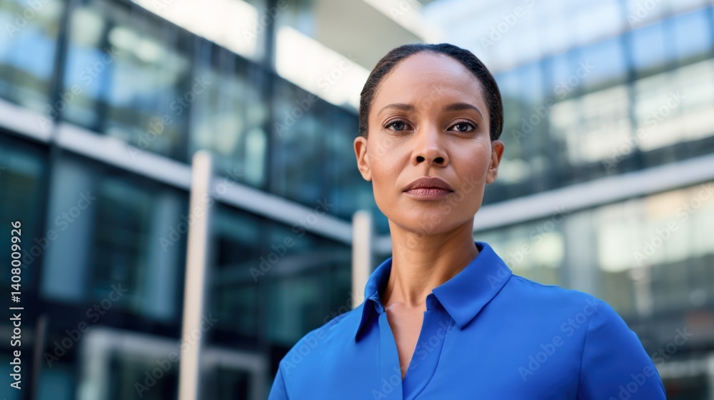 serious and confident business woman in blue shirt standing outside modern office building with copy space web banner for corporate and professional design
