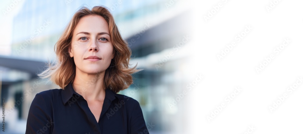professional business woman standing outside modern office building with confident look and copy space web banner corporate leadership and career success concept