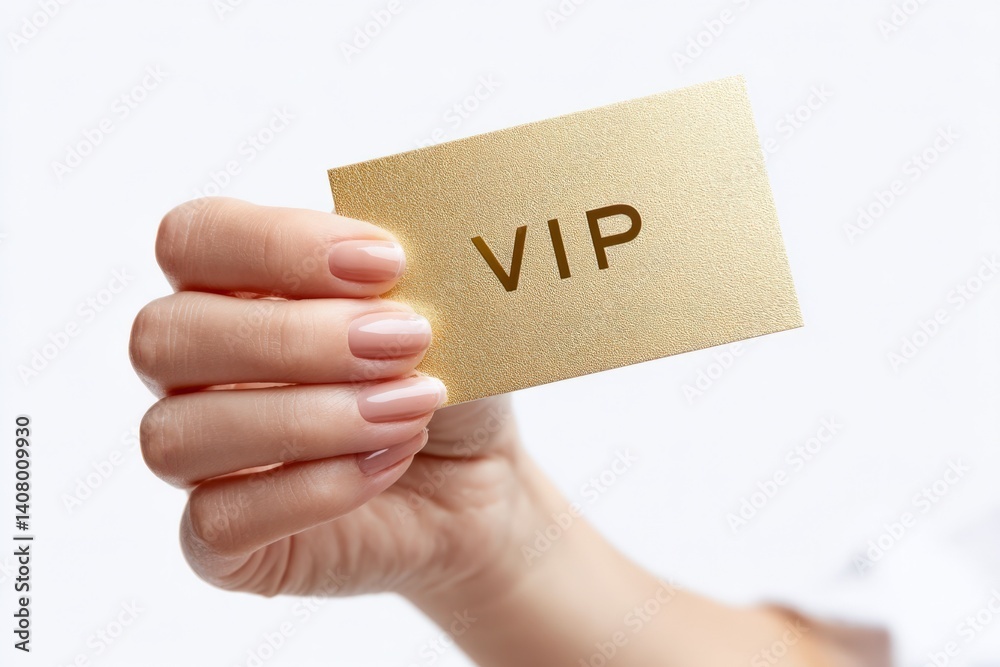 female hand holding golden vip card closeup isolated on white background
