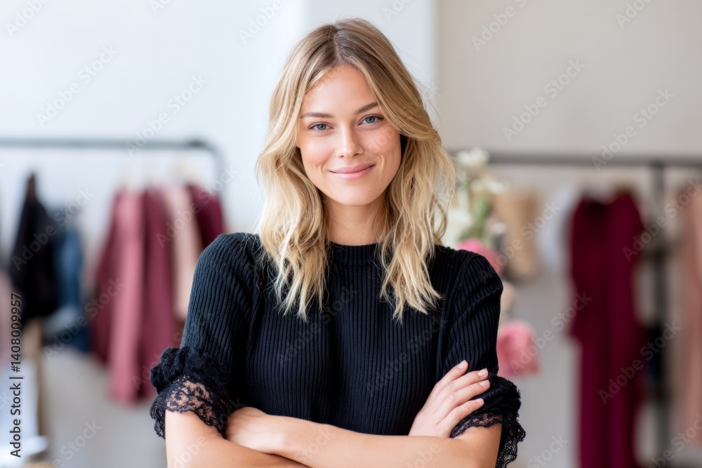 attractive young business woman fashion store owner smiling and posing with arms crossed at modern clothing boutique small business concept
