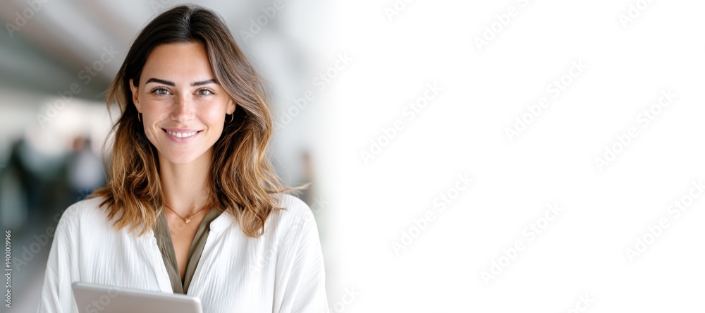 hispanic professional business woman with tablet smiling and standing in modern office with copy space web banner, corporate workspace and marketing concept
