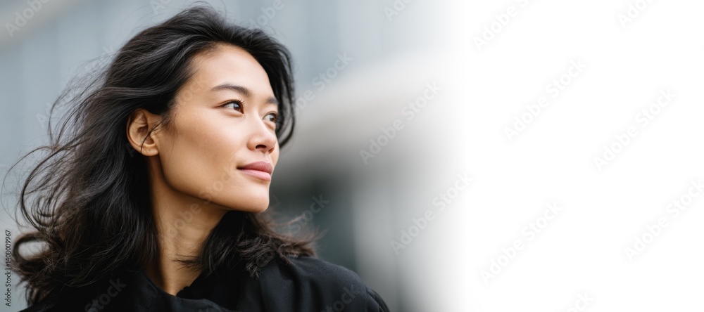 asian business woman with mid length black hair looking sideways standing in city, copy space, web banner, urban corporate and marketing design