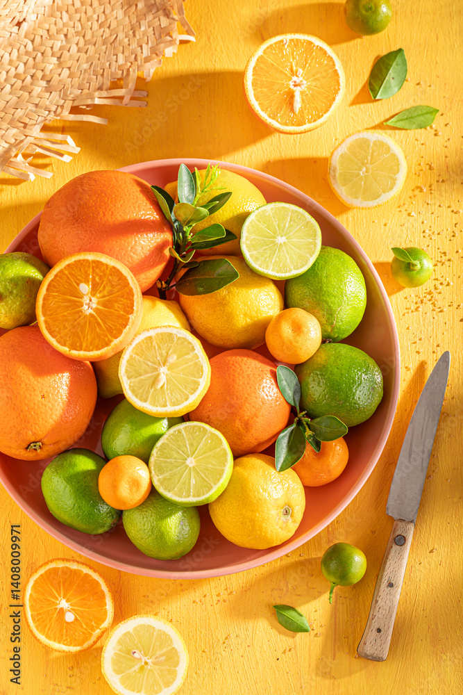 Sweet mix of citrus fruits as ingredients for lemonade.