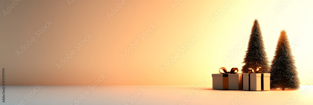 Christmas gifts and trees in warm light create festive atmosphere