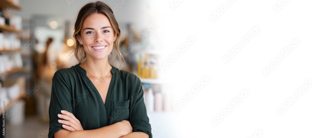 attractive young business woman smiling with arms crossed standing in beauty store, copy space, web banner, small business and cosmetics branding
