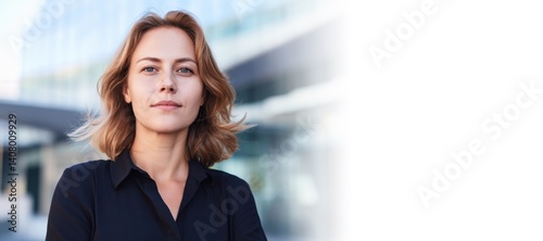 Obraz na płótnie professional business woman standing outside modern office building with confident look and copy space web banner corporate leadership and career success concept w salonie