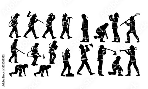 Firefighter silhouettes set, fireman pack of vector silhouette design, isolated background