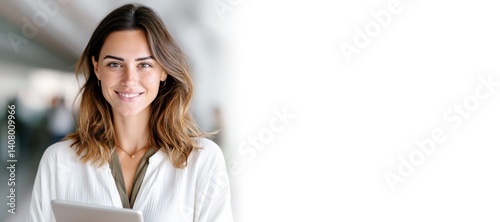hispanic professional business woman with tablet smiling and standing in modern office with copy space web banner, corporate workspace and marketing concept